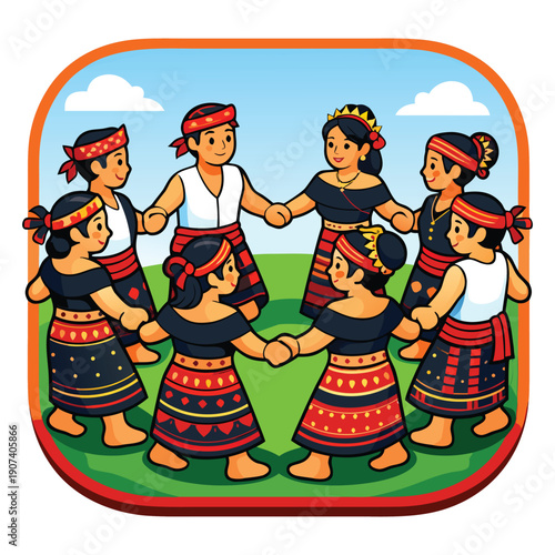 Group of people in traditional dress dancing in a circle. Suitable for cultural events, festivals, dance performances, and multicultural celebrations.