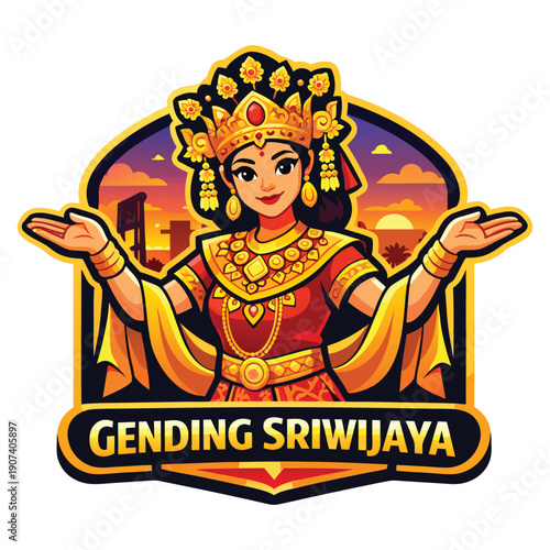 Indonesian traditional dance capturing female dancer adorned with jewelry and crown. Perfect for cultural presentations, dance events, travel brochures.