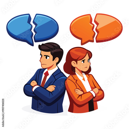 Man and woman in conflict with broken speech bubbles. Suitable for relationship and communication concepts in design projects.