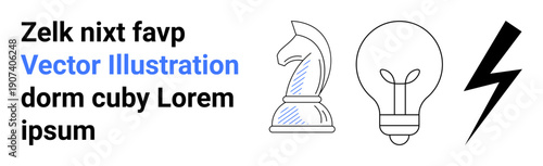 Creativity, strategy, energy, innovation, brainstorming, graphic design. Black and white chess knight, light bulb and lightning bolt set against plain text. Creativity and strategy concepts