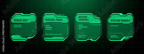 Green hud vector graphic elements for futuristic interface design. Digital data display with control panel and system module for user interface.