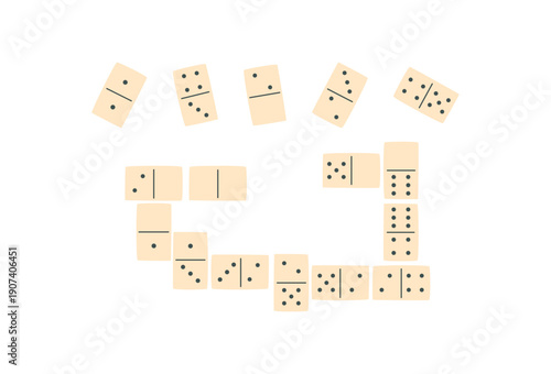 Flat domino game board with black and white tiles. Domino game pieces arranged in a playful tabletop pattern. Strategy boardgame for childhood hobby and family entertainment.