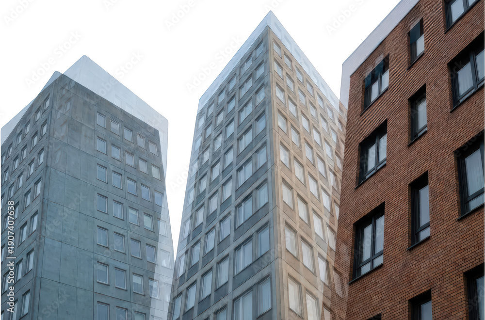 Obraz premium Three modern residential buildings with grid windows one in red brick and two in concrete facades architecture apartment construction urban exterior property housing transparent background