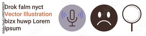 Communication, emotions, exploration, voice recognition, feedback, online search. Icons include a microphone, sad face and magnifying glass. Communication and emotions symbolism visually