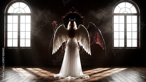 A woman in a white dress with hybrid wings and red eyes stands in a dark room