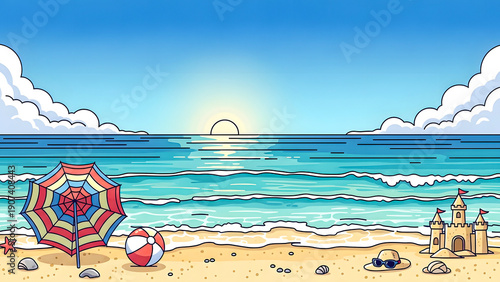 A vibrant beach scene at sunset with an umbrella, sandcastle, and seashells on the shore