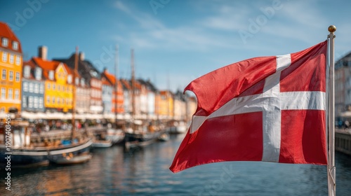 Denmark flag waving by Nyhavn harbor in Copenhagen during sunny weather Generative AI