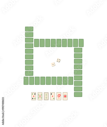 Flat Mahjong board game sticker with dice and tile pieces. Chinese boardgame recreation with structured table layout. Ideal for hobby and leisure concepts.