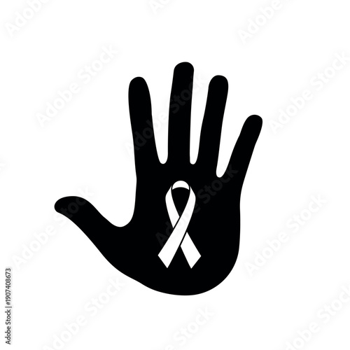 hand with awareness ribbon, black palm print and cancer ribbon, symbol of support, vector design element