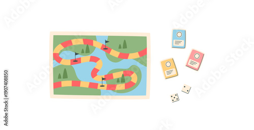 Flat boardgame path sticker. Puzzle game with dice and cards on a colorful map. Snake and table concept for children entertainment. Fun activity for childhood strategy family play.