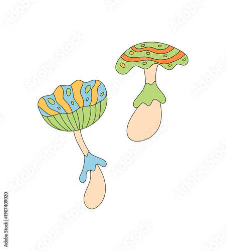 Psychedelic groovy mushroom sticker in colorful cartoon graphic style. Funky trippy plant with retro y2k magic feeling and fun groovy element, playful as vibrant abstract art piece.