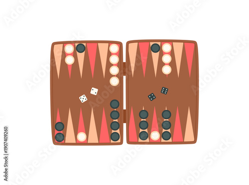 Flat backgammon sticker with dice, pieces, and pawns. Iconic boardgame for strategy and fun, featuring classic wooden table design. Suitable for family recreation, playful tournaments, hobby