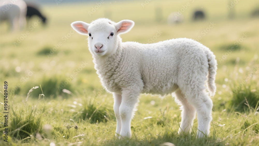 Obraz premium Cute white lamb standing in a green grassy field looking curious outdoors