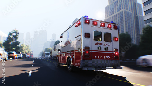 An ambulance driving fast on a city street. 3d rendering.