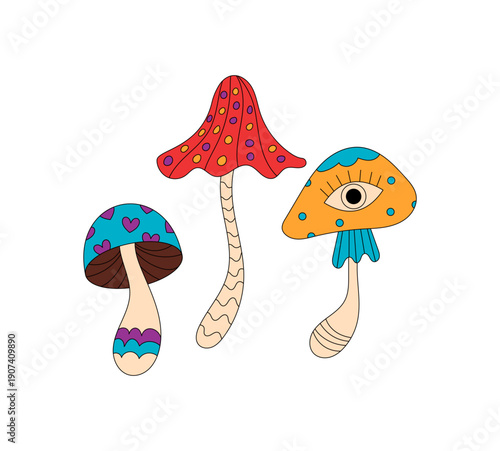 Groovy psychedelic mushroom in retro cartoon graphic style and colorful trippy magic form. Groovy element as fantasy shroom sticker, perfect y2k art for unique playful decor or vintage creative