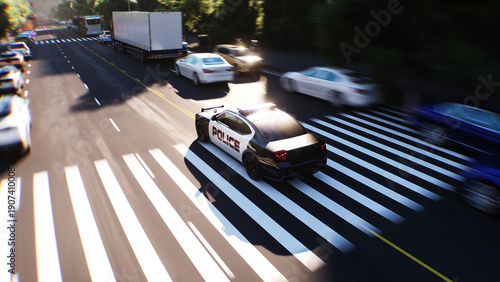 An police driving fast on a city street. 3d rendering.