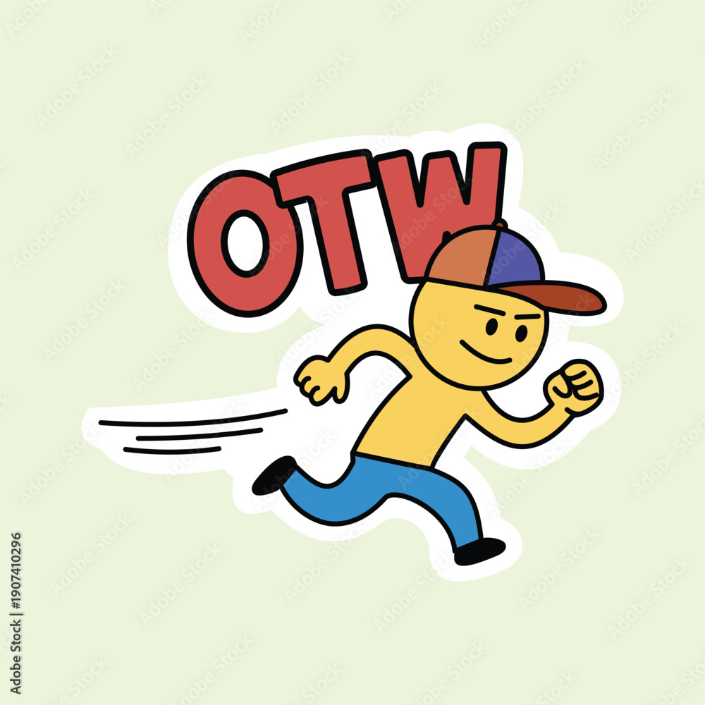 Naklejka premium A simple hand drawn illustration of a yellow cartoon character in a blue cap running with OTW text on a light green background. Ideal for status stickers, delivery icons, and messaging.