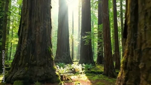 Cinematic Drone View of Sunbeams Piercing Through Lush Ancient Redwood Forest