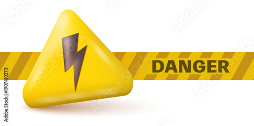 Yellow 3D warning triangle with lightning bolt and danger tape. High voltage electricity hazard sign for safety, industrial, construction and emergency alert