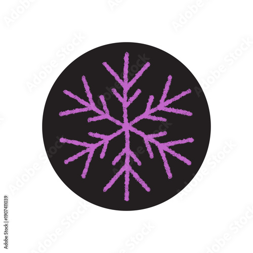 Purple chalk snowflake sticker ornament on black circle lid. Frost and icy chill for winter package. Holiday xmas element decorates cold season product, unique snow flake accent for festive