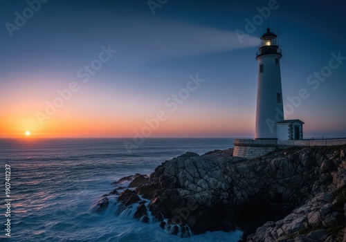 Wallpaper Mural A tall, white lighthouse standing proudly on a rocky point, guiding vessels along the dramatic, rugged ocean coastline, historic, safety, warning Torontodigital.ca