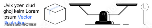 Business planning, engineering, balance, precision, weighing, measurement concepts. Shows a cube, balance scale and wrench icon. Balance and precision tools visualization