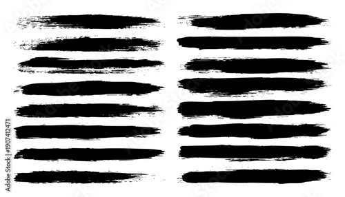 Long grunge brush strokes, lines, ink smudges, hand-drawn scribble shapes. Handmade sketchy marks, stains, charcoal streaks. Paint textures, dry brush effect. Marker underline. Vector illustration