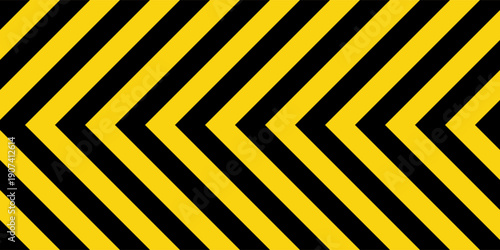 Warning sign with yellow and black diagonal lines. Attention, danger or caution symbol. Construction site signage, road safety notice, hazard banner, security alert shield. Vector illustration
