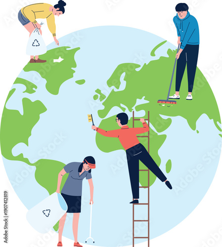 Save the planet icon. People clean environment together