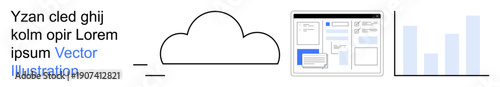 Cloud technology, data processing, graphical analysis, online storage, digital connectivity, system integration. Visual of a cloud, user interface and bar graph. Cloud technology and data processing