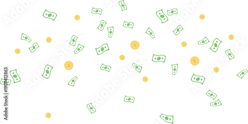 Falling dollar rain. Green bills and golden coins