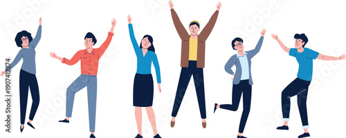 Happy people jumping together. Joyful team illustration