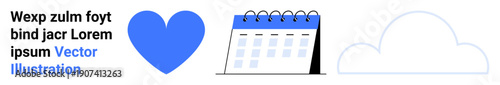 Social media, event planning, cloud storage, graphic design, branding, digital communication. A blue heart, calendar and cloud on a white backdrop. Social media and event planning