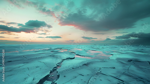 Surreal Frozen Landscape With Cracked Ice and Pastel Sky at Dusk, Cinematic style