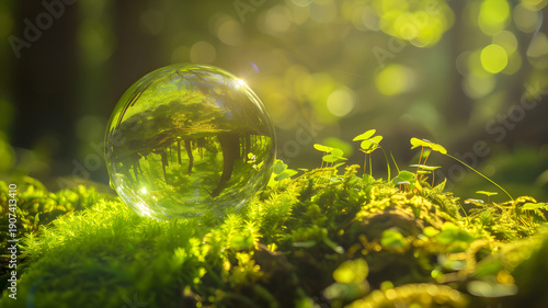 Glass Earth Sphere Resting on Moss with Golden Sunlight