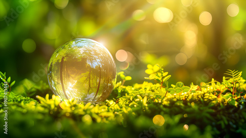 Glass Earth Sphere Resting on Moss with Golden Sunlight, sustainability, ESG 