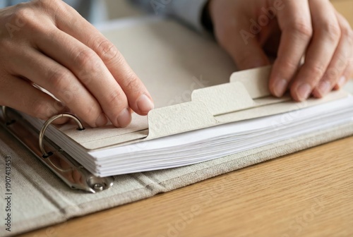 A person's hands flipping through labeled divider tabs in a linen-covered ring binder to organize documents and find information.