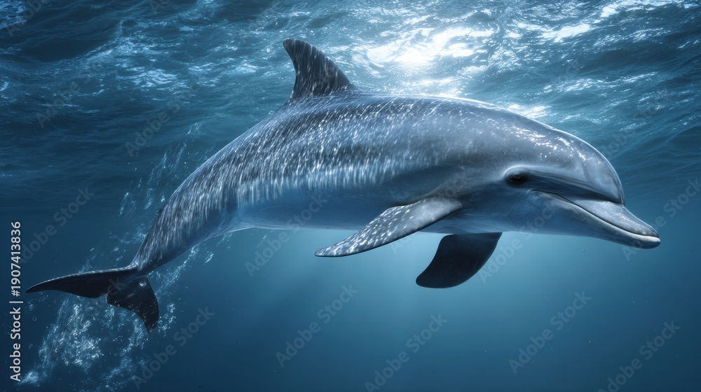 Fototapeta premium Dolphin Swims Across Water From Left to Right With Open Space Ahead Ideal for Text in Banner Design