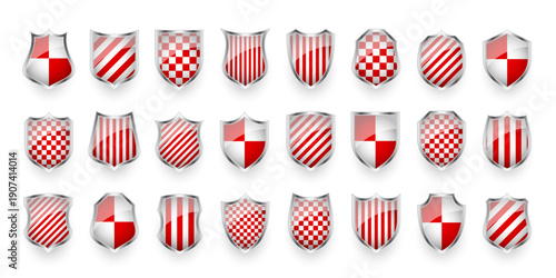 Glossy shields with red and black white. Security and protection concept. Cyber safety icons, internet privacy, web defense, digital data protection and antivirus themes. Vector illustration
