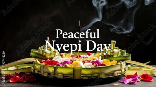 Incense smoke curling above devotional offerings inspired by Nyepi ritual practice, capturing sensory spirituality, calm focus, and sacred ceremonial presence.