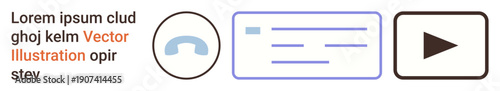 Telecommunications, digital conversations, video communication, messaging apps, media playback, online tools. Phone receiver icon, messaging box and play button visuals. Telecommunications