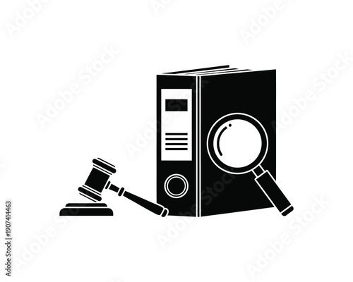 Law book with gavel and magnifying glass