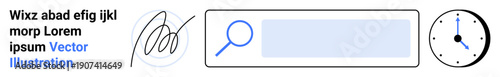 Search functionality, online identity, time management, digital interfaces, authentication, productivity. Includes magnifying glass, signature clock and search bar visual. Search functionality