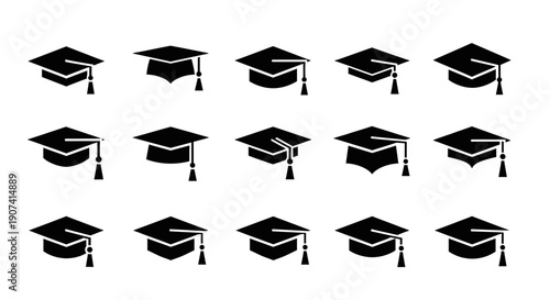 Graduation mortarboard caps silhouette vector illustration