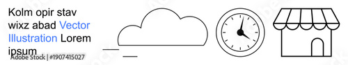 Cloud computing, e-commerce, business management, time efficiency, delivery systems, small enterprises. A cloud, clock and storefront icon in a minimal style. Cloud computing and e-commerce concepts