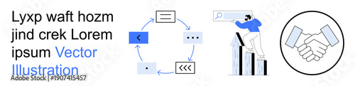 Business strategy, teamwork, process workflow, collaboration, growth, communication. Circular workflow diagram, handshake icon person analyzing growth. Business strategy and teamwork concept