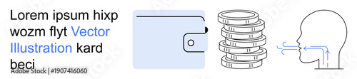 Financial transactions, digital payment, speech, savings, currency exchange, fintech. Minimalistic wallet, coin stacks and profile with speech lines. Financial transactions and communication ideas