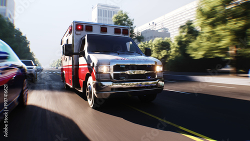 An ambulance driving fast on a city street. 3d rendering.