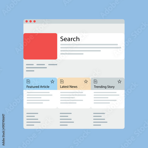 Website UI Dashboard Interface Vector with Search Bar and News Cards