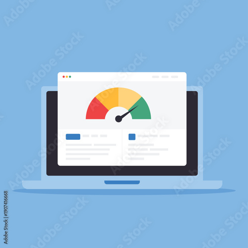 Performance Dashboard Speed Meter on Laptop Screen Flat Vector